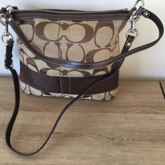 Coach Signature C - 2 Way Shoulder Bag Brown Canvas Leather Top Zip M0953-F13674 - Picture 8 of 11